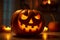 Close-up of jack-o-lantern pumpkin\\\'s eerie orange glow, perfect for Halloween