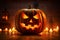 Close-up of jack-o-lantern pumpkin\\\'s eerie orange glow, perfect for Halloween