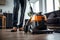 Close-Up of Janitor Using Vacuum Cleaner for Professional Carpet Cleaning Service. AI