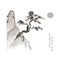 Close-up of a Japanese bonsai on a rock by the light of the sun or moon. Drawing in Japanese and Chinese style.