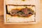 Close up of Japanese medium rare Wagyu sandwich served in wooden box