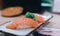 Close up japanese with sushi sashimi on desk