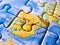 Close up of a jigsaw puzzle map depicting Spain and Madrid