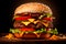 Close-up of juicy burger. Burger on a wooden table. AI generated