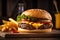 close-up of juicy cheeseburger with golden french fries and ketchup