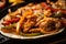 Close-up of juicy chicken fajitas with caramelized onions, bell peppers, and melted cheese served on a sizzling skillet