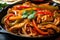 Close-up of juicy chicken fajitas with caramelized onions, bell peppers, and melted cheese served on a sizzling skillet