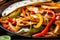 Close-up of juicy chicken fajitas with caramelized onions, bell peppers, and melted cheese served on a sizzling skillet