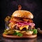 Close up of juicy gourmet burger on wooden table on dark background. Monster burger with beef meat, lettuce, sliced pickles,