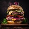 Close up of juicy gourmet burger on wooden table. Double monster burger with beef meat, lettuce, sliced pickles, cheddar cheese