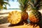 close-up of juicy pineapples under sunlit palm leaves