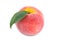 Close-up of a juicy pink peach with a green leaf isolated on a white background. Ripe and healthy peach full of vitamins