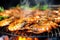 close-up of juicy prawns on a beach bbq grill