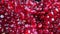 Close up of juicy red grains of ripe pomegranate falling on the broken fruit