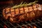 close-up of juicy steak on grill grates