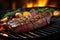 close-up of juicy steak sizzling on grill