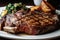 close-up of juicy and tender steak, with crispy potatoes on the side