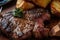 close-up of juicy and tender steak, with crispy potatoes on the side