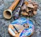 Close up of kalimba, rattle, flute and horn pipe music instruments