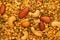 Close-Up of Kashmiri Mixture Namkeen snacks, made from dry fruits, cashew nuts, moong dal. Indian spicy snacks Namkeen, full