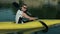 Close up on kayaker enjoyin kayaking in lake