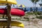 Close up from kayaks in wooden stand outside near water