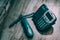 Close Up  keypad number and headphone analog phone is placed on a wooden floor in the office