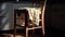 Close-up of kitchen chair with towel, napkin on spike against backdrop o kitchen interior. AI generated.