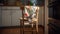 Close-up of kitchen chair with towel, napkin on spike against backdrop o kitchen interior. AI generated.