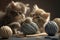 close-up of kittens playing with ball of thread, their tiny paws and claws visible