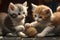 close-up of kittens playing with ball of thread, their tiny paws and claws visible