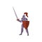 Close-up of knight stands in violet armor, raises sword and protects body with red shield on white background