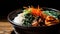 Close-up of Korean Bibimbap in a traditional dolsot bowl, vibrant vegetables on top