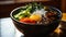 Close-up of Korean Bibimbap in a traditional dolsot bowl, vibrant vegetables on top