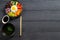 Close-up of Korean dish, with a variety of appetizers with vegetables and eggs. Diet. bibimbap. Top view. Round plate