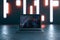 Close up of laptop at abstract illuminated workplace with creative forex grid map on blurry background. Trade, finance, market and