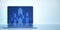 Close up of laptop at workplace with growing blue business chart arrows on blurry wide background with mock up place. Success,