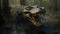 A close up of a large alligator in a forest