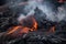 close-up of lava flow, with smoke and steam rising from the molten rock