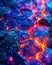 A close up of lava and rocks with blue and purple lights