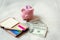 Close-Up Layout of Piggy Bank, Saving Money Cash and Coins on The Bedroom. Pink Piggybank Savings for Business Banking and Financi