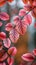 A close up of a leafy branch with red and pink leaves, AI