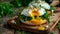 Close-up a leaking yolk from a poached egg, a key element in the keto-friendly Eggs Benedict recipe, adorned with arugula, against