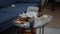 Close up of leftover food on table in empty messy living room