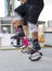 Close up of legs of people in kangoo jumping shoes. Training in the outside