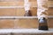 Close up legs shoes of young business man One person walking stepping going up the stairs in modern city,