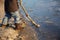 Close-up of legs Small boy standing near riverside and playing with long stick