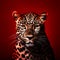 Close-up leopard portrait, studio shoot concept on red background