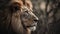a close up of a lion near a tree with no leaves on it\\\'s head and a bush in the foreground with a blurry background