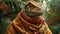 A close up of a lizard wearing an orange sweater, AI